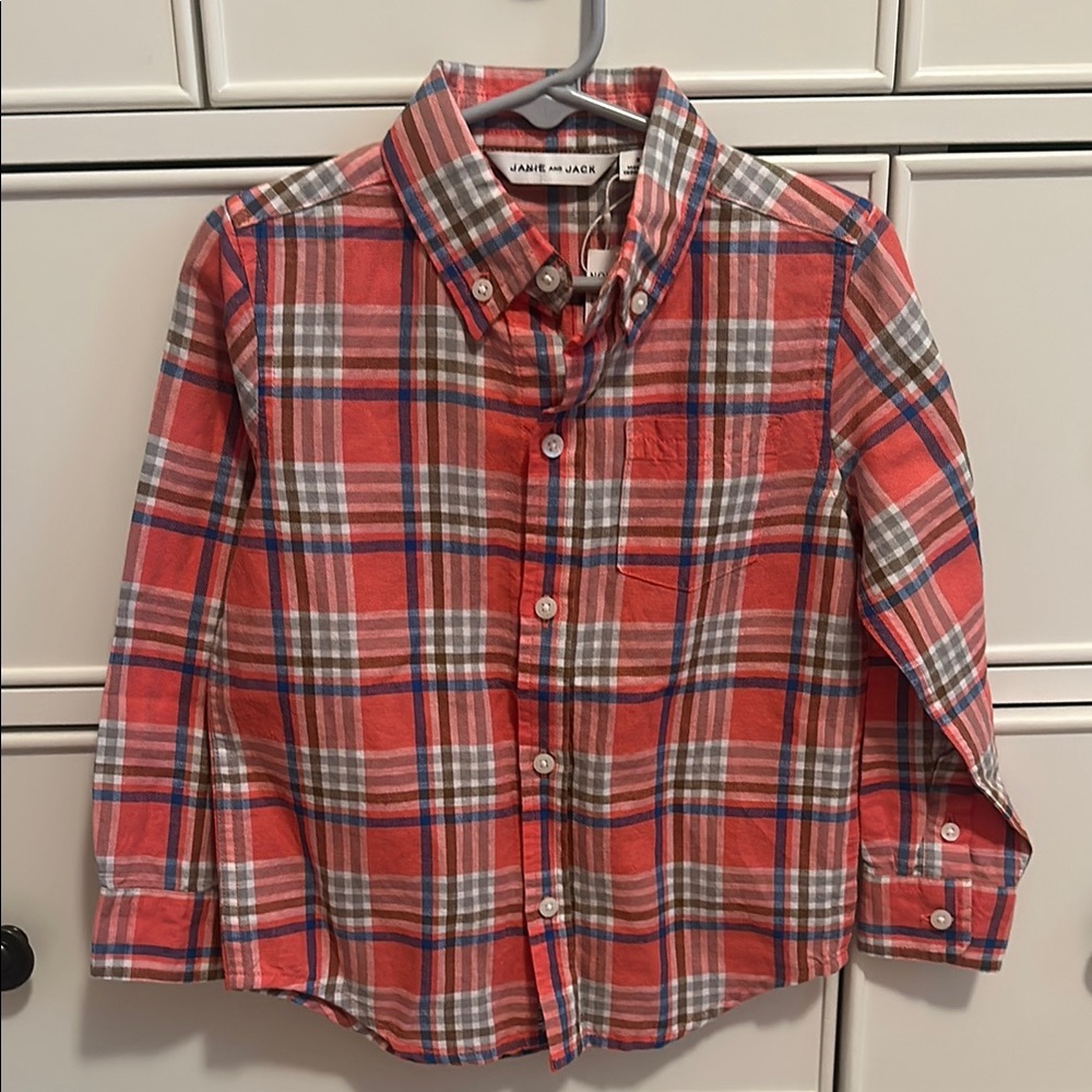 Janie and Jack Red and Blue Button Down Shirt size 3T NWT
